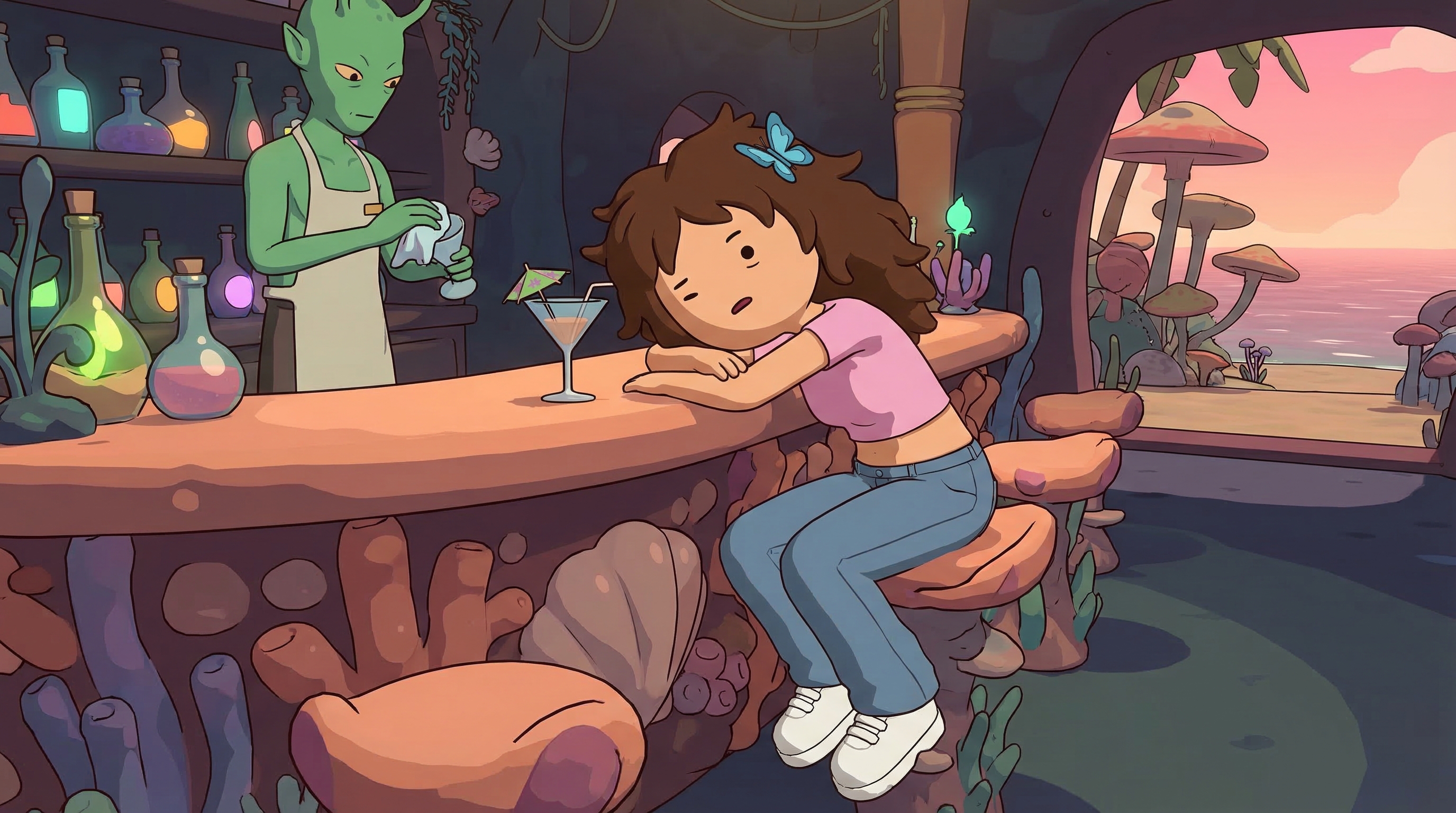 Billie at the alien resort bar